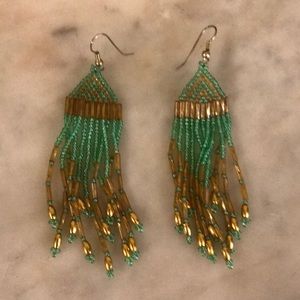 Beautiful-Green And Gold Beaded Earnings-3.5” Long